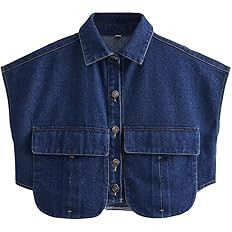 Womens Cropped Button Down Shirt Summer Collared Sleeveless Loose Denim Top with Pockets | Amazon (US)