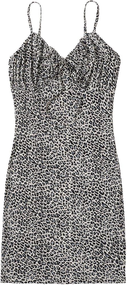 SheIn Women's Sleeveless Strappy Leopard Printed Tie Front Bodycon Cami Dress | Amazon (US)