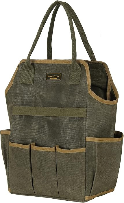 Tool Bag, Heavy Duty 16oz Waxed Canvas Garden Tool Tote - with 3 Inner Slots & 8 Outer Pockets, M... | Amazon (US)