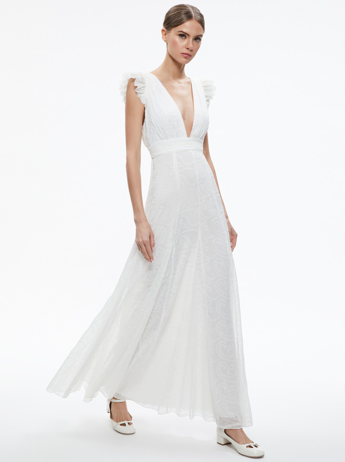 VANNA V-NECK RUFFLE SLEEVE MAXI DRESS | Alice + Olivia