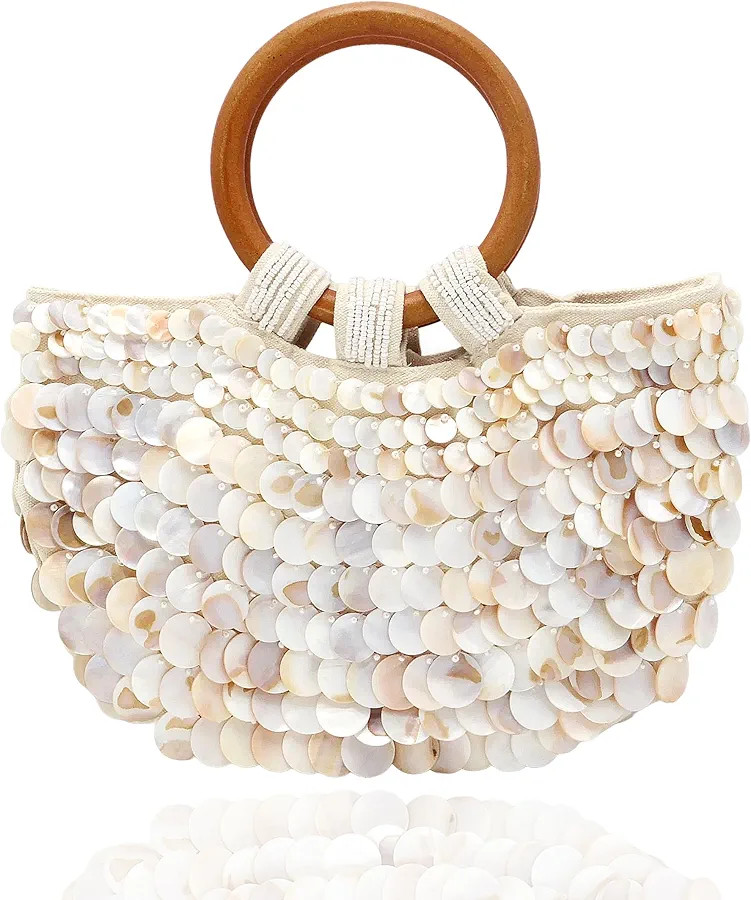 Miuco Shell Purse For Women Handmade Seashell Beaded Clutch Beach Wooden Top Handle Bag | Amazon (US)
