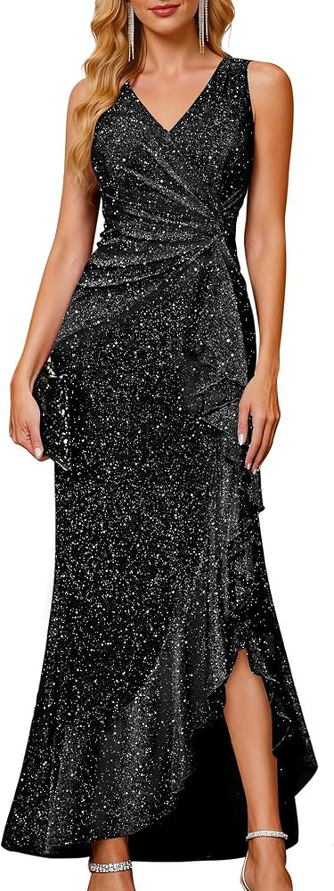 BeryLove Womens Sequin Formal Long Ruffle Dress Party Wedding Cocktail Gown | Amazon (US)
