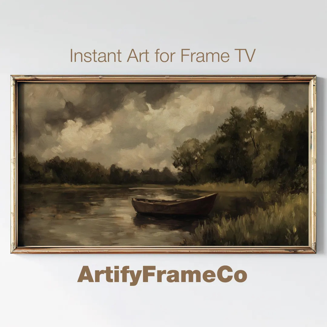 Rustic Lake Boat Frame TV Art, Stormy Landscape Painting Samsung Frame TV Art, Moody Neutral Mute... | Etsy (US)
