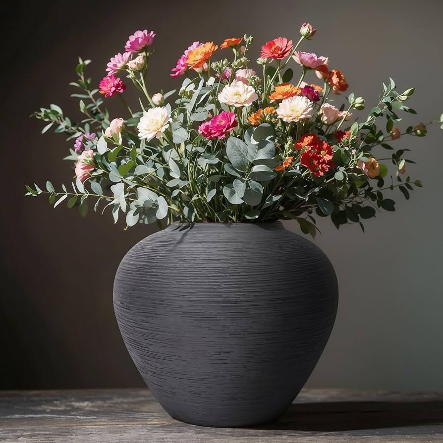 Rustic Black Ceramic Vase with Textured Finish, Large Round Terracotta Vases for Farmhouse Home D... | Amazon (US)