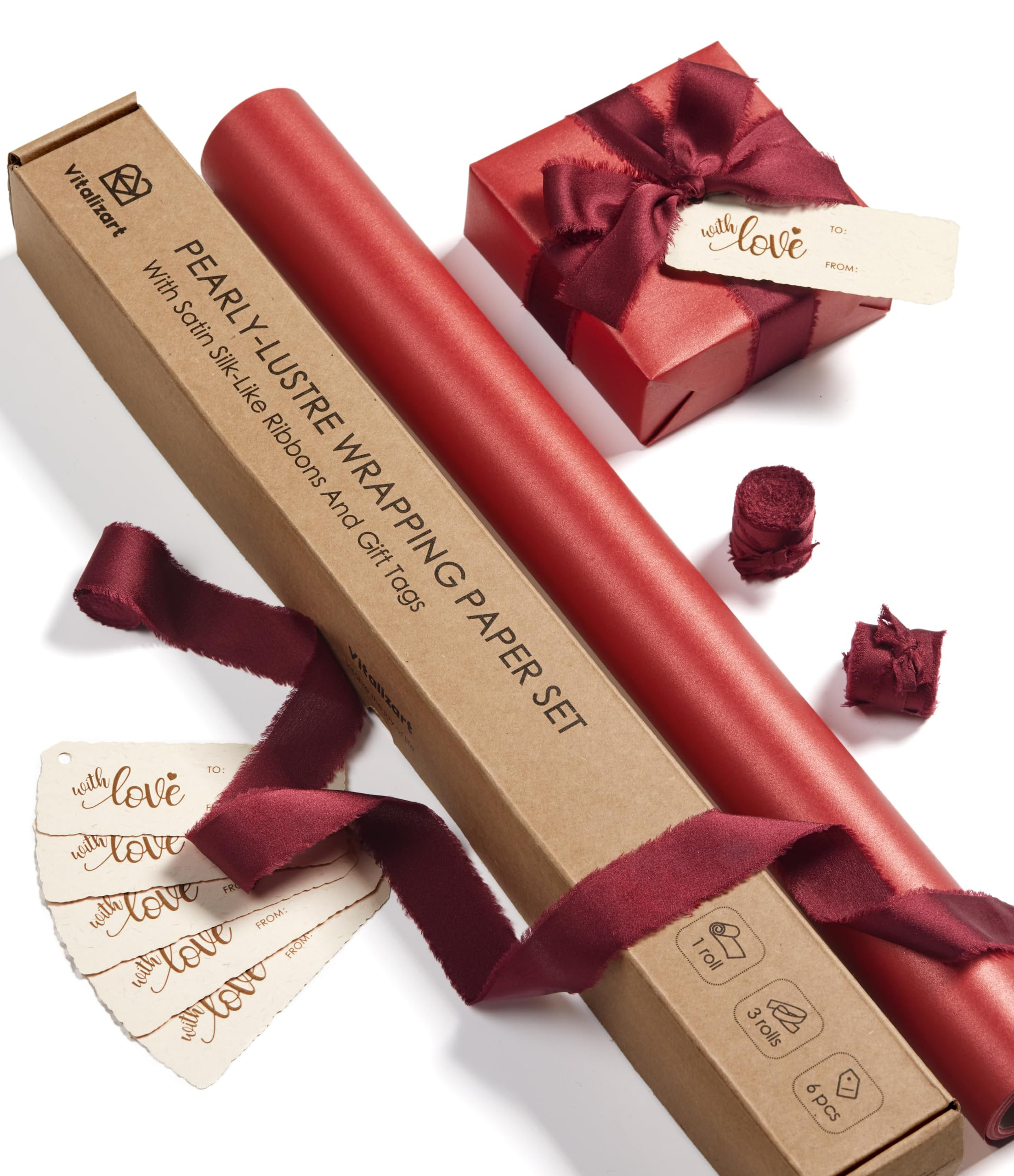 Vitalizart Red Wrapping Paper Set 17" Pearly-Lustre With Silk Like Satin Ribbon & Gift Tags Recyc... | Amazon (US)