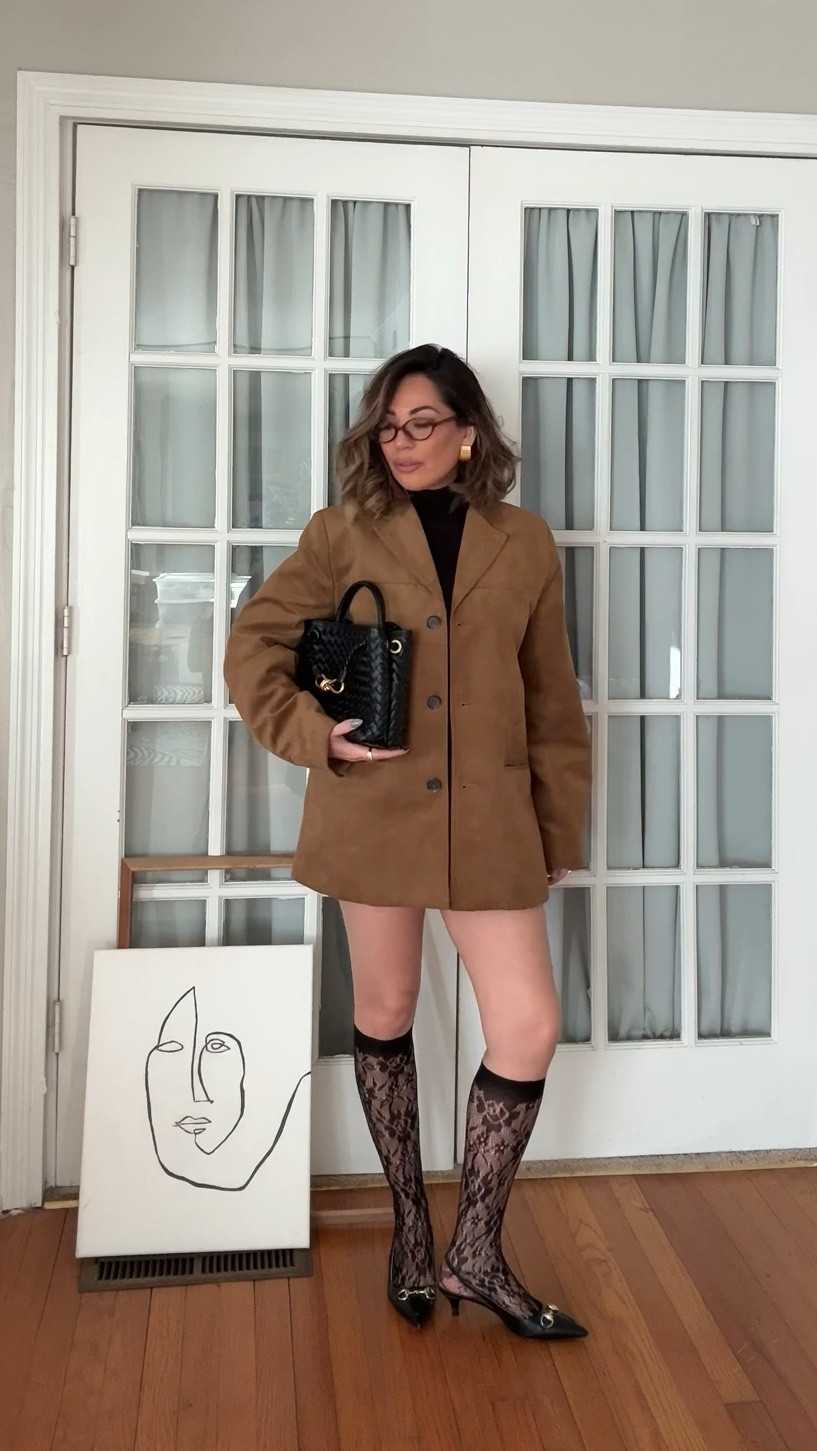 Braided bag, gold statement earrings, brown circle glasses, lace tights, lace knee highs, Gucci heels 
