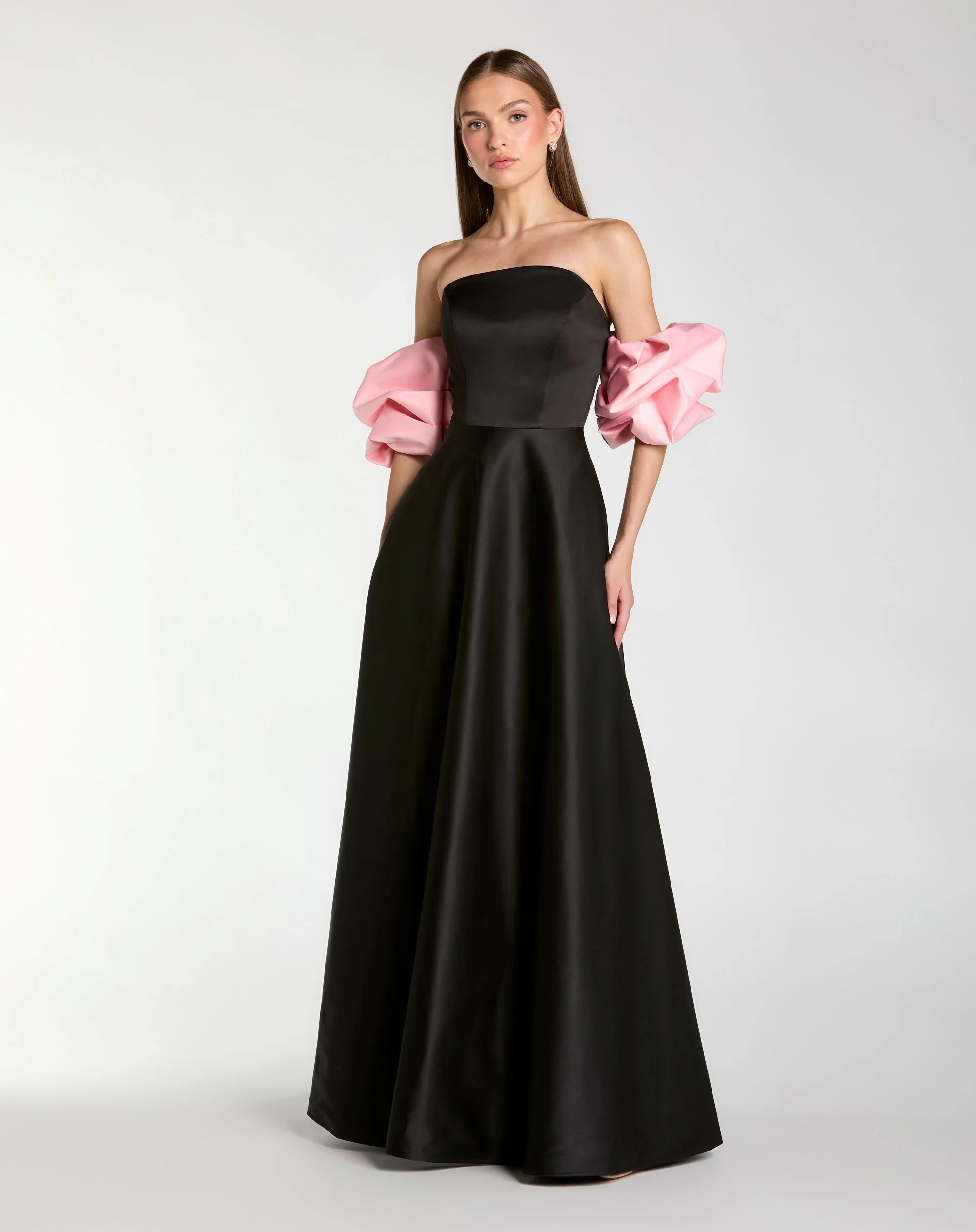 Black Satin Off The Shoulder Puff Sleeve Ball Gown | Mac Duggal | Mac Duggal