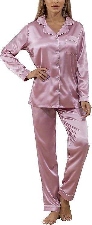 YIMANIE Womens Silky Satin Pajamas Set Classic Sleepwear Loungewear | Amazon (US)