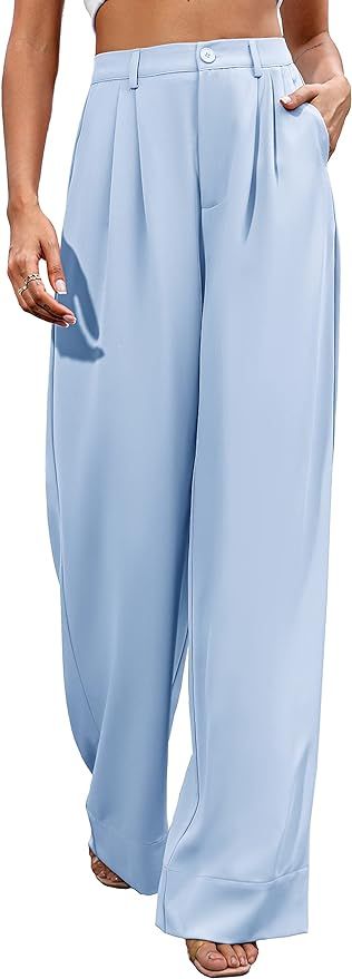 Women Casual Wide Leg Pants Button Down Straight Long Trousers Pants Elastic High Waist Dress Pan... | Amazon (US)