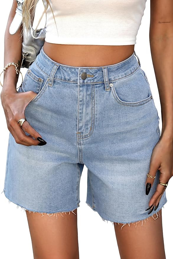 ELLEVEN Women's Raw Hem Jean Shorts, Wide Straight Leg Mom Denim Shorts | Amazon (US)