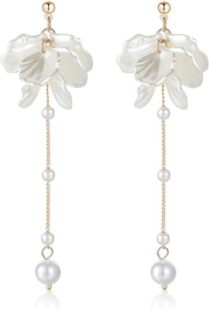 KRUCKEL White Pressed Flower Dangle Earrings | Golden Studs with Pearl like Drops | Hypoallergeni... | Amazon (US)