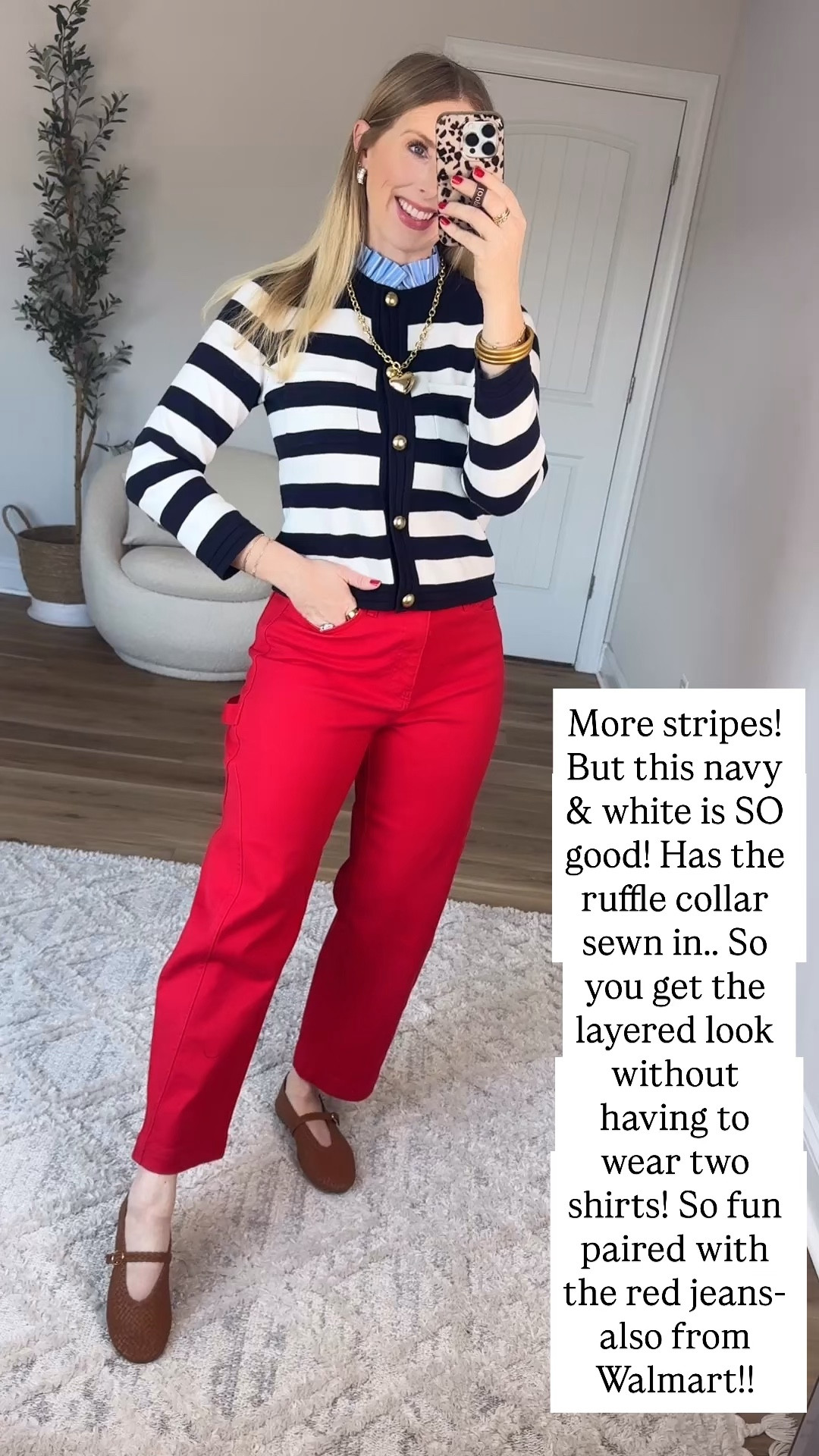 Walmart try on, Walmart outfit, Walmart fashion, navy and white stripe sweater, red jeans 

Small 

#LTKWorkwear #LTKootd