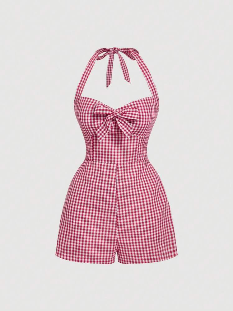 SHEIN MOD Women's Cute Plaid Halter Tied Jumpsuit,Casual Summer Outfits | SHEIN