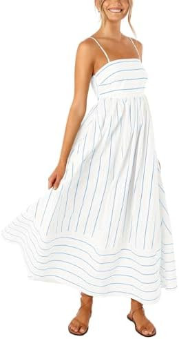chouyatou Women's Striped Back Smocked Maxi Dress Sexy Spaghetti Strap Cut Out Flowy Swing Long D... | Amazon (US)