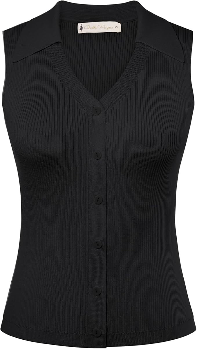 Belle Poque Women's Button Down Tank Tops Summer Ribbed Vest Top Sleeveless V Neck Collared Vest ... | Amazon (US)