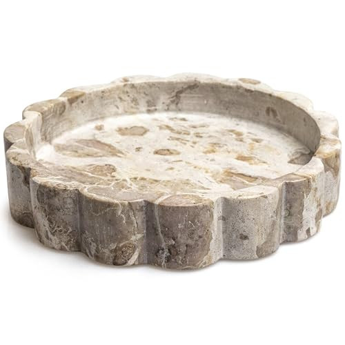Beige Scalloped Marble Tray - 8 Inch Round Stone Vanity Tray for Perfume & Jewelry, Marble Dish for Bathroom Countertop & Kitchen Counter, Brown Decorative Tray for Bathroom & Kitchen, Modern Catchall | Amazon (US)