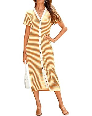 BTFBM Women Casual Summer Dresses Short Sleeve Striped Midi Dresses Decorative Button Ribbed Knit... | Amazon (US)