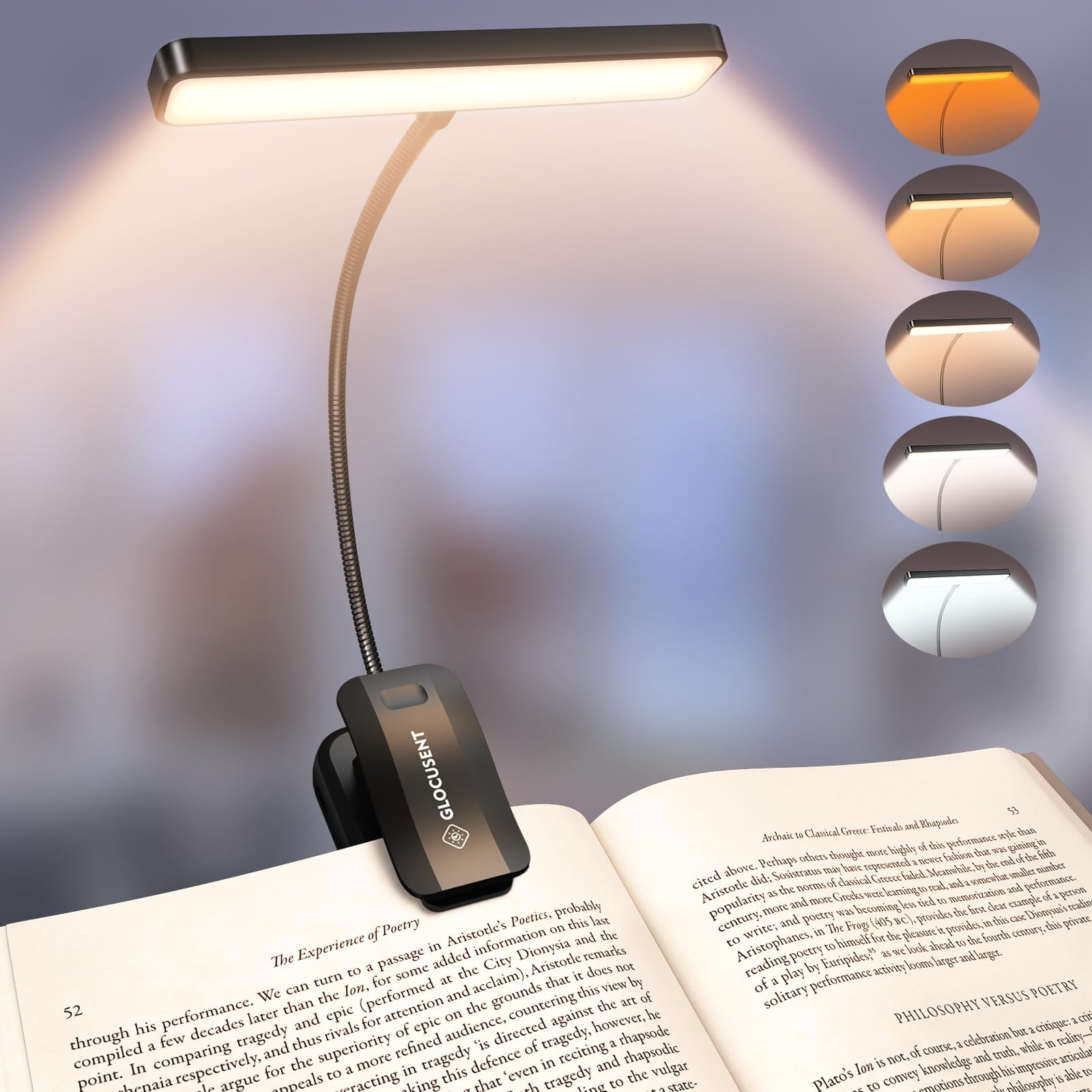 Glocusent 26 LED Book Light, 1200 mAh 90 Hrs Lasting Rechargeable Reading Light, 5 Amber Colors &... | Amazon (US)