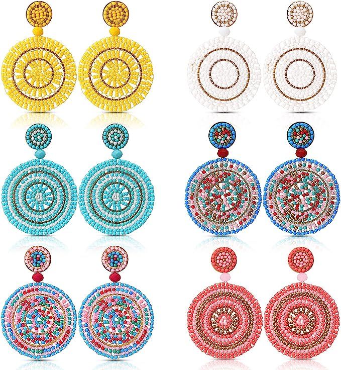 6 Pairs Bohemian Beaded Drop Earrings Colorful Bead Earrings Handmade Beaded Earrings Wire Wrappe... | Amazon (US)
