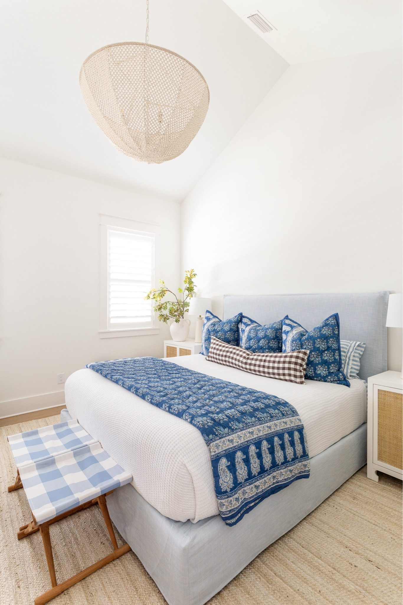 Our bedroom decorated for fall with our light but upholstered bed (also
linking a look for less), faux pale leaves, white vase, rattan nightstand, blue paisley quilt and pillows, gingham lumbar pillow, and texture white blanket. #ltkhome #ltkseasonal #ltksalealert #ltkfindsunder100 #ltkstyletip #ltkfindsunder50 #ltlvideo

#LTKSaleAlert #LTKSeasonal #LTKHome