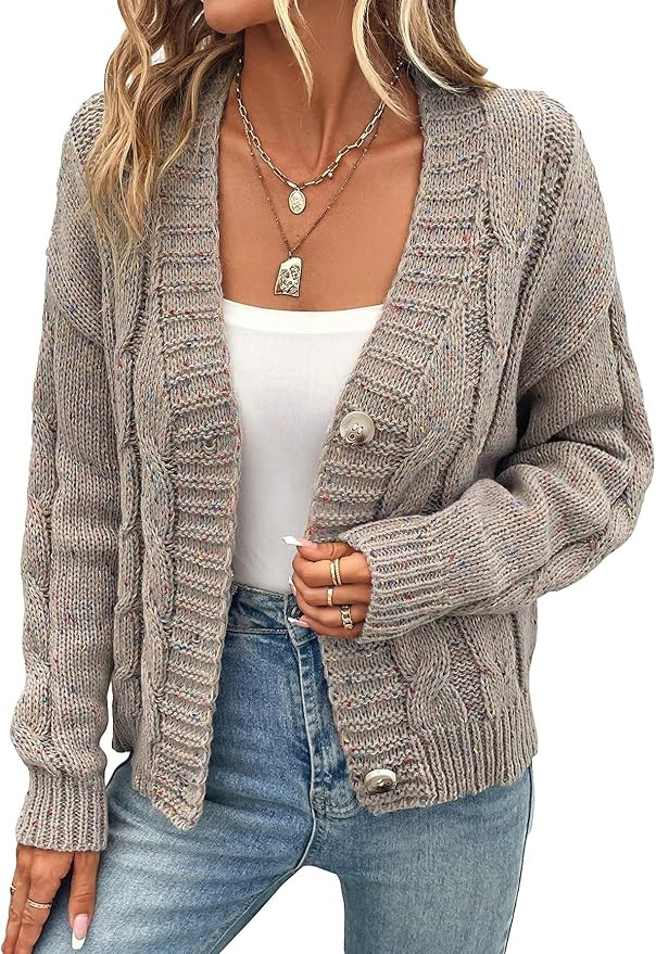 SHENHE Women's Cable Knit Button Down Loose Cardigan Sweater Knit Outerwear | Amazon (US)
