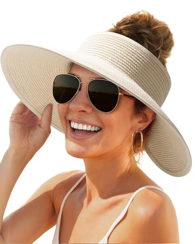 FURTALK Sun Hats for Women Wide Brim Beach Hat Straw Visor Ponytail Summer UV Packable Foldable Beach Vacation Essentials Beige | Amazon (US)