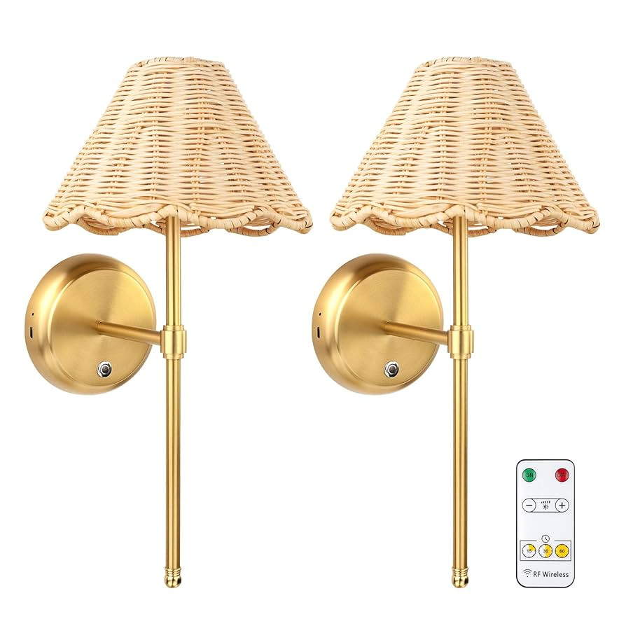 Battery Operated Boho Rattan Wall Sconce Set of 2, Stepless Dimming Magnetic Wall Lamp, 5200mAh R... | Amazon (US)