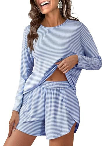 ANRABESS Womens Long Sleeve Pajama Sets 2025 Fall 2 Piece Outfits Lounge Matching Short Set Striped Pjs Loungewear Sleepwear Blue White Medium | Amazon (US)
