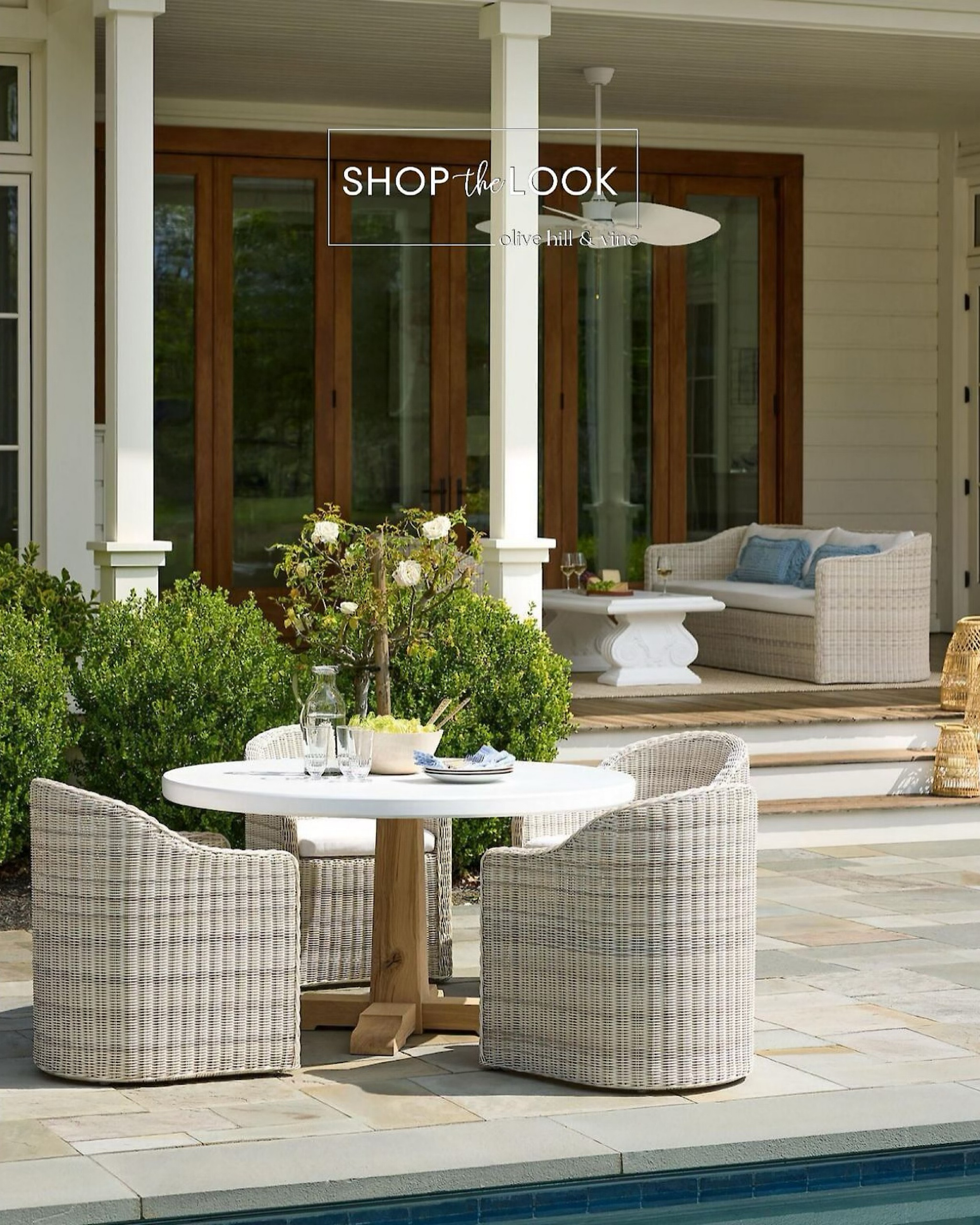 Set the scene for alfresco charm with a round stone-top table on a pedestal base, paired with graceful wicker chairs in a nuanced weave. A matching couch creates a cozy lounge vibe nearby, complete with a coffee table inspired by Ionic columns. Add bright blue outdoor pillows for a pop of texture, and finish the look with open-weave wicker lanterns for breezy coastal elegance. 

#LTKHome #LTKStyleTip #LTKFamily