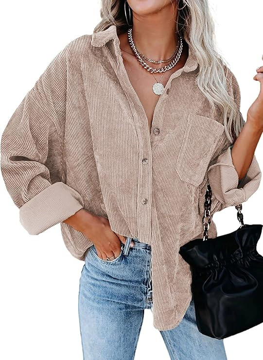 Sidefeel Women Corduroy Long Sleeve Button Down Shirt Oversized Jacket Tops | Amazon (US)