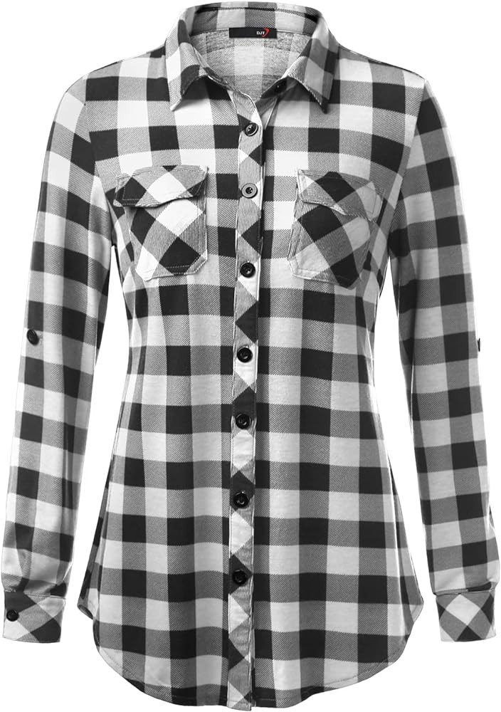 DJT Womens Soft Stretchy Plaid Shirts Roll Up Long Sleeve Collared Button Down Blouses | Amazon (US)