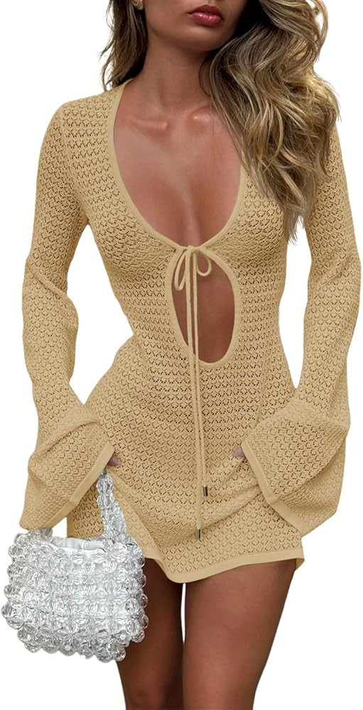 Saodimallsu Womens Crochet Swimsuit Cover Up Long Bell Sleeve V Neck Tie Mesh Knit Summer Beach D... | Amazon (US)