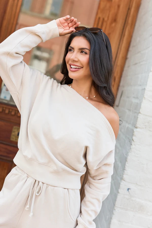 Learn As You Go Taupe Off The Shoulder Sweatshirt | Pink Lily