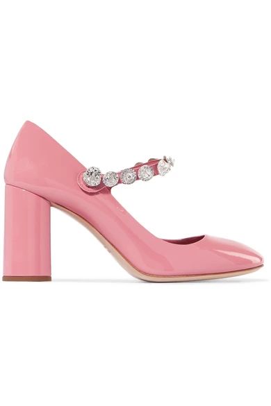 Miu Miu - Crystal-embellished Patent-leather Mary Jane Pumps - Pink | NET-A-PORTER (US)