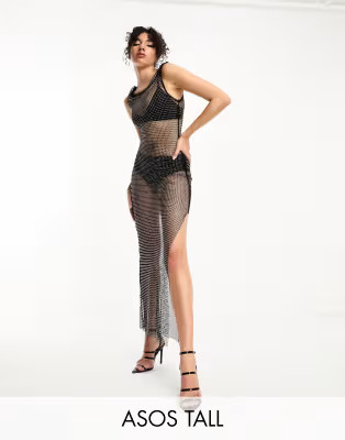 ASOS DESIGN Tall twist strap hotfix midi dress in black | ASOS (Global)