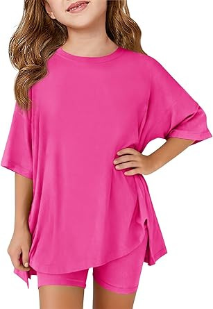 Haloumoning Girls Summer Outfits Casual Lounge Set Kids Oversized Side Split Shirts and Biker Sho... | Amazon (US)