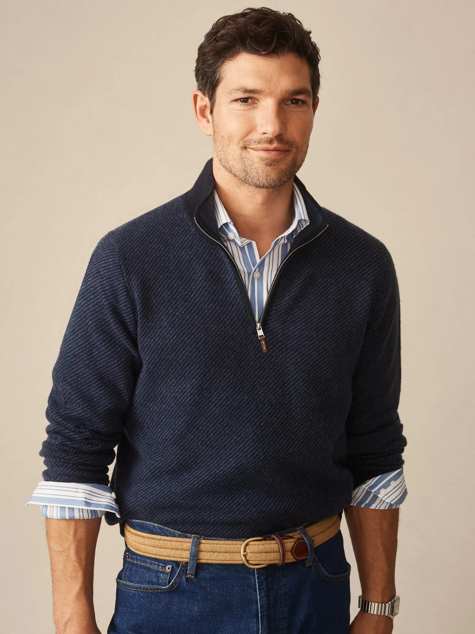 Navy/Denim Jacquard Twain Cashmere 1/4 Zip | Men's Sweaters | J.McLaughlin | J.McLaughlin