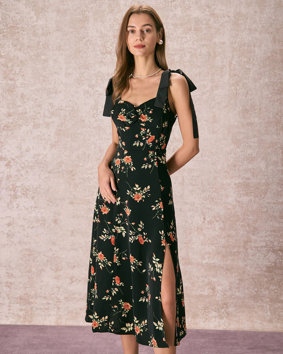 The Black Floral Ruched Tie Strap Slit Midi Dress & Reviews - Black - Dresses | RIHOAS | rihoas.com