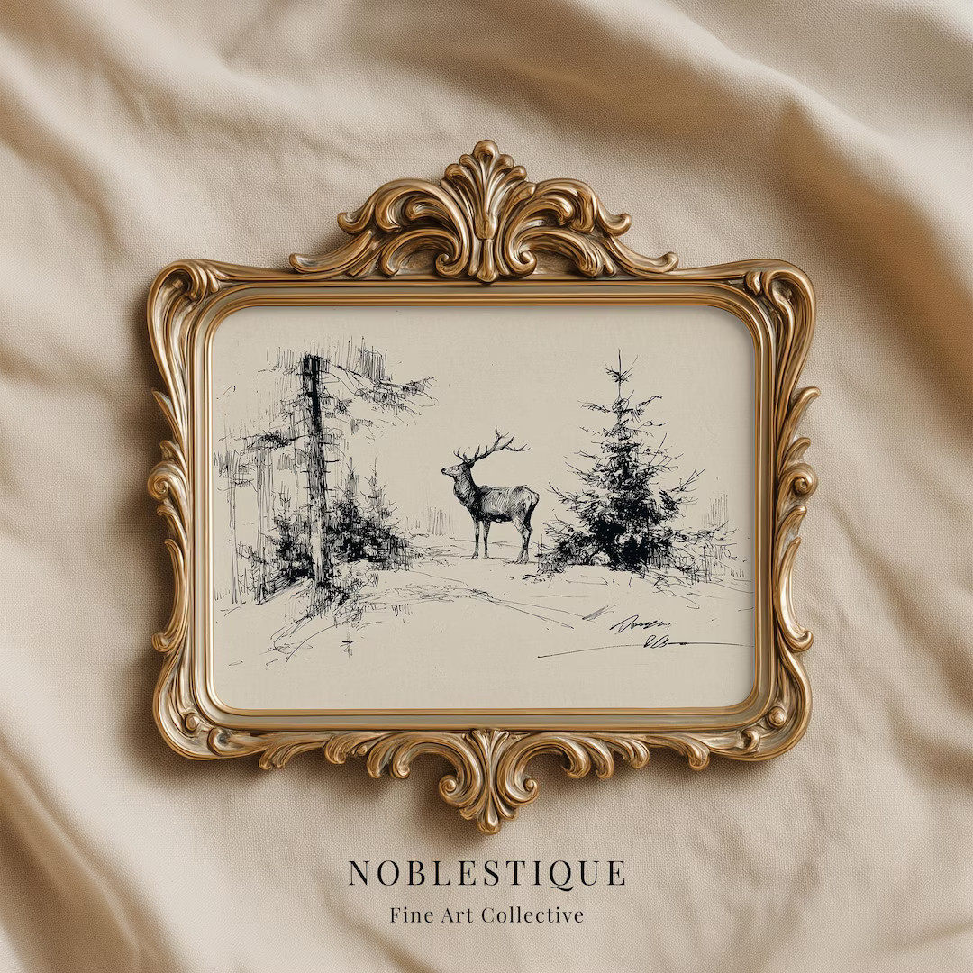 Winter Reindeer in Pine Tree Forest Sketch Print: Minimalist Woodland Ink Drawing Printable (Digi... | Etsy (US)