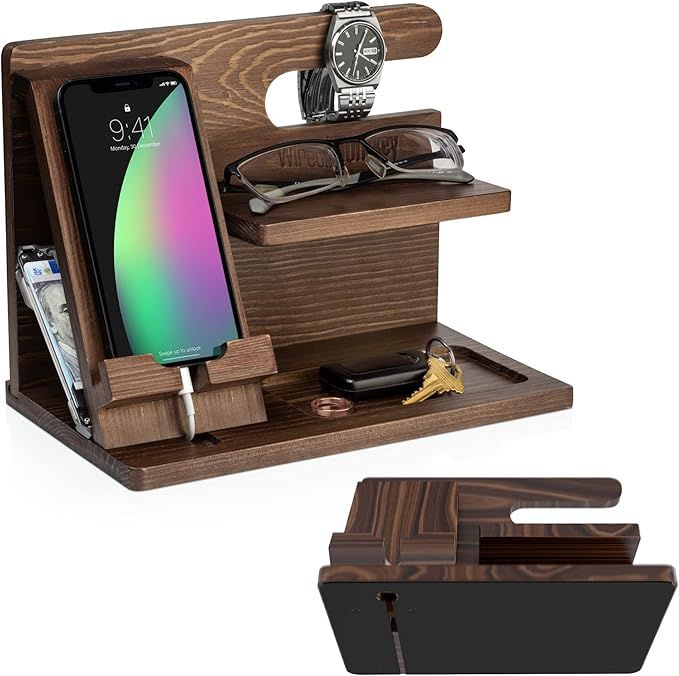 Nightstand Organizer For Men with Non-Slip Base - Premium Wood Phone Docking Station for Men - Wo... | Amazon (US)