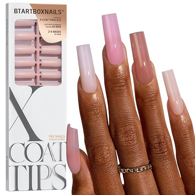 BTArtboxnails XCOATTIPS Bare 5-Shades Nude Press on Nails - Extra Long Square Press on Nails, 4-W... | Amazon (US)