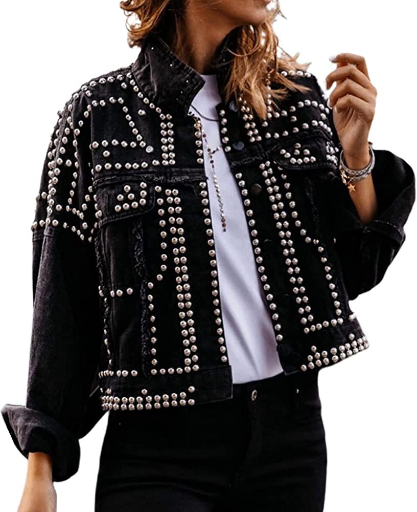 APAFES Women's Fashion Crop White Denim Jacket Distressed Western Studded Black Trucker Jacket | Amazon (US)