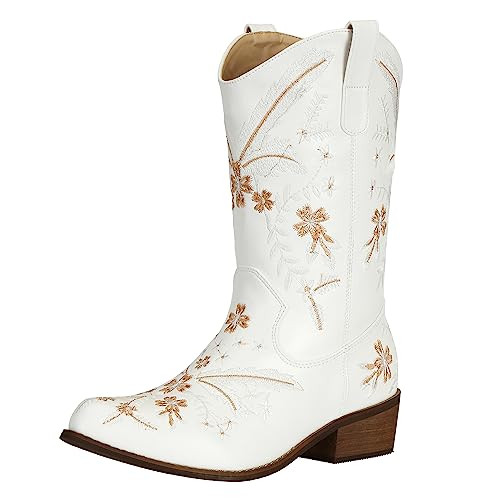 SheSole Womens Cowboy Boots White Cowgirl Boots Western Pointy Toe Mid Wide Calf Wedding Boot US Size 8 | Amazon (US)