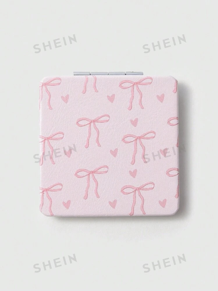 ROMWE Kawaii Fully Allover Print Heart & Bowknot Square Folding Double-Sided Makeup Compact Mirro... | SHEIN