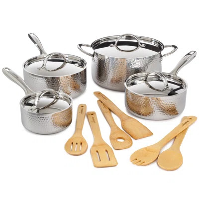 BergHOFF Vintage 14Pc Hammered Tri-Ply 18/10 Stainless Steel Cookware Set with Bamboo Cooking Utensils | Wayfair Professional