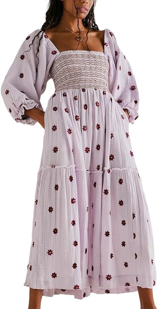 Women Boho Deep V Neck Puff Sleeve Maxi Dress Casual Floral Chiffon Tiered Flowy Swing Party Long... | Amazon (US)