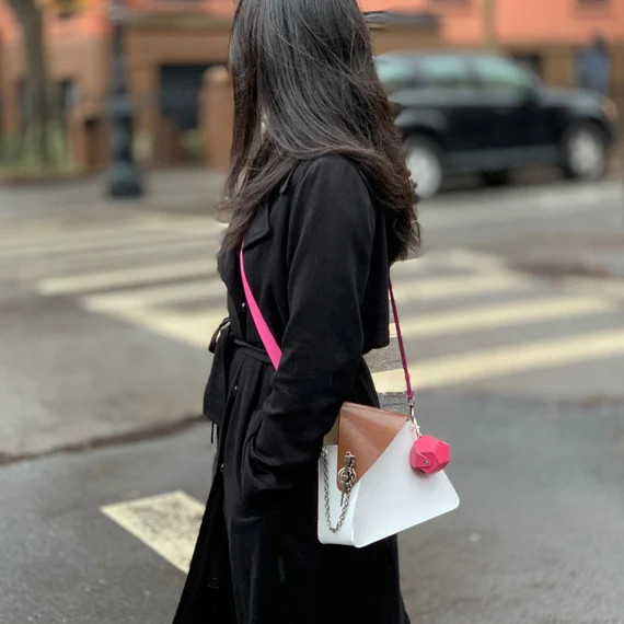 Color block vegan leather bag with asymmetric top flap and unique pin clasp closure | Etsy (US)