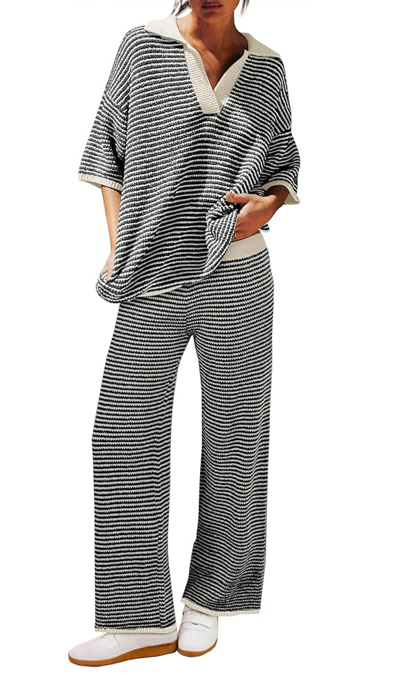 Tankaneo Womens Sweater Set Striped 2 Piece Outfits Oversized 3/4 Sleeve V Neck Knit Tops Wide Le... | Amazon (US)