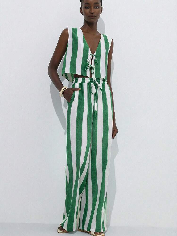 Aveloria Modichic French Fashion Minimalist Generous Vacation Beach Fresh Contrast Color Wide Stripe Deep V Bow Tie Sleeveless Vest Top Paired With Elastic Waist Loose Straight Leg Pants Women 2 Piece Set | SHEIN