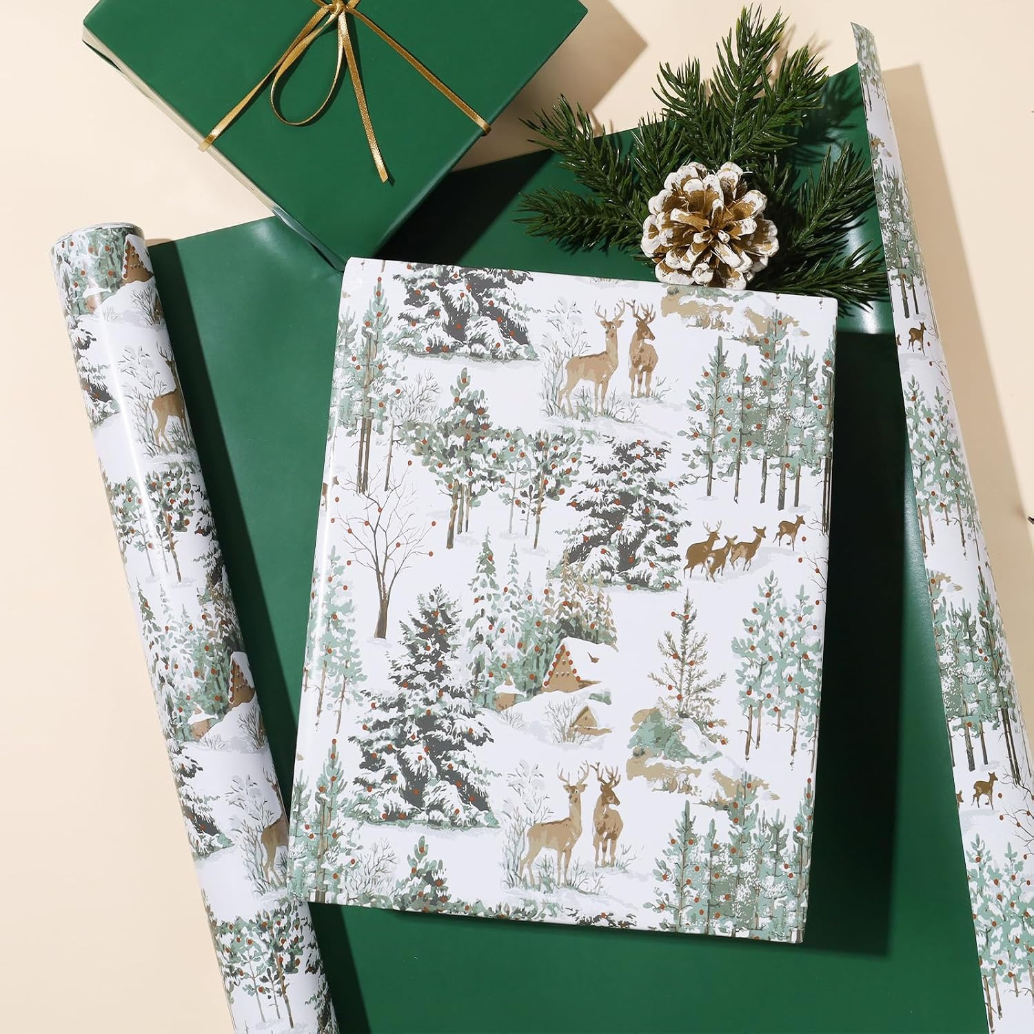 BIOBROWN Christmas Wrapping Paper Woodland Deer & Snowy Forest Design | Amazon (US)